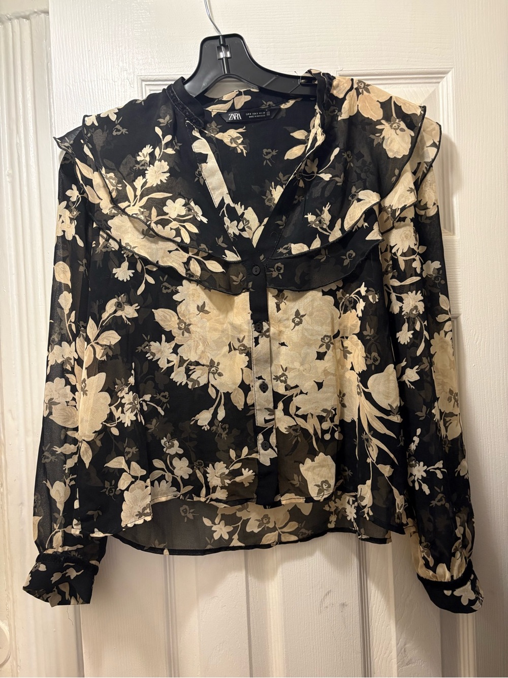 Zara Black Sheer Floral Ruffle Collar Blouse
